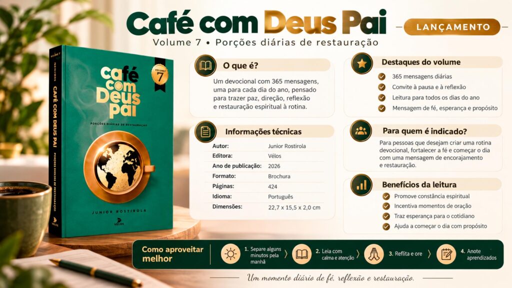 O Café com Deus Pai é um livro de mensagens diárias estruturado para cobrir os 365 dias do ano. A proposta central da obra criada por Junior Rostirola é convidar o leitor a desacelerar a rotina e reservar alguns minutos para um encontro íntimo de oração e reflexão com Deus.